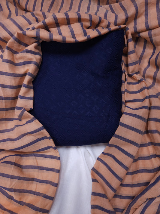 Dark Navy Modal Rayon Self Suit with Stripe Mal Cotton Dupatta