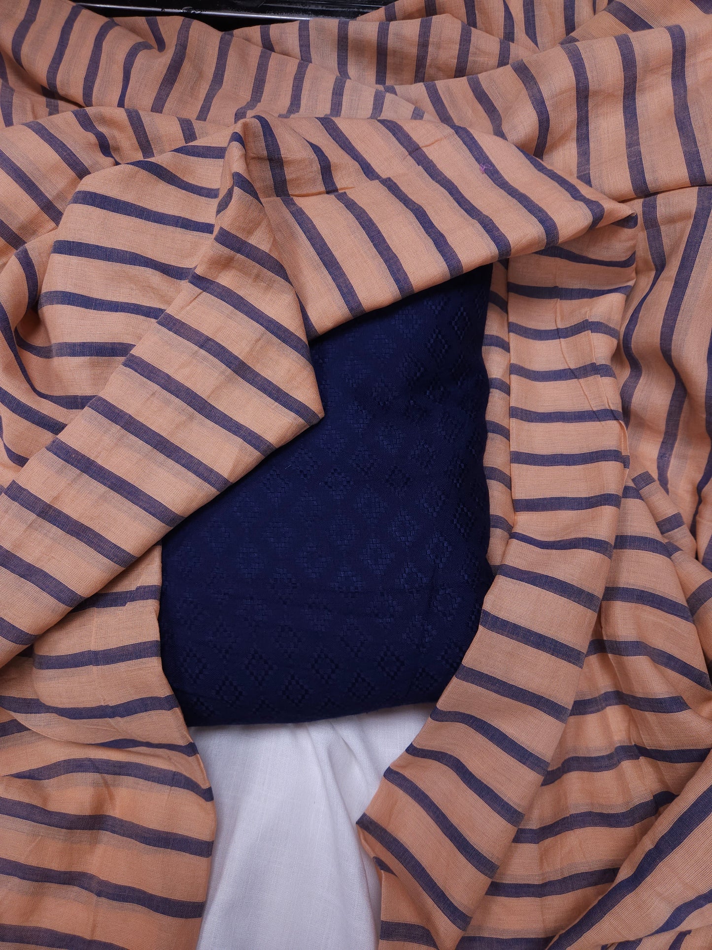 Dark Navy Modal Rayon Self Suit with Stripe Mal Cotton Dupatta