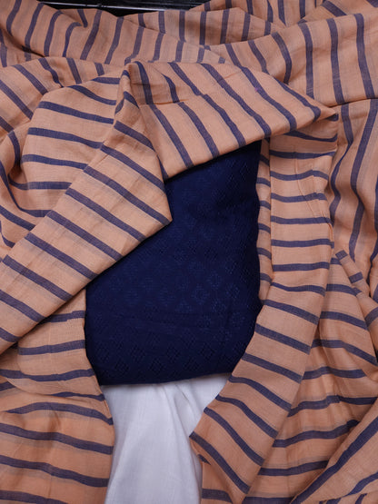 Dark Navy Modal Rayon Self Suit with Stripe Mal Cotton Dupatta