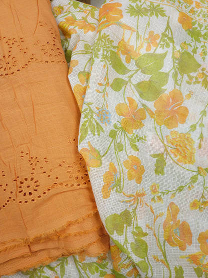 Premium Floral Cotton Linen Suit Set with Cota Doria Dupatta & Schiffli Bottom