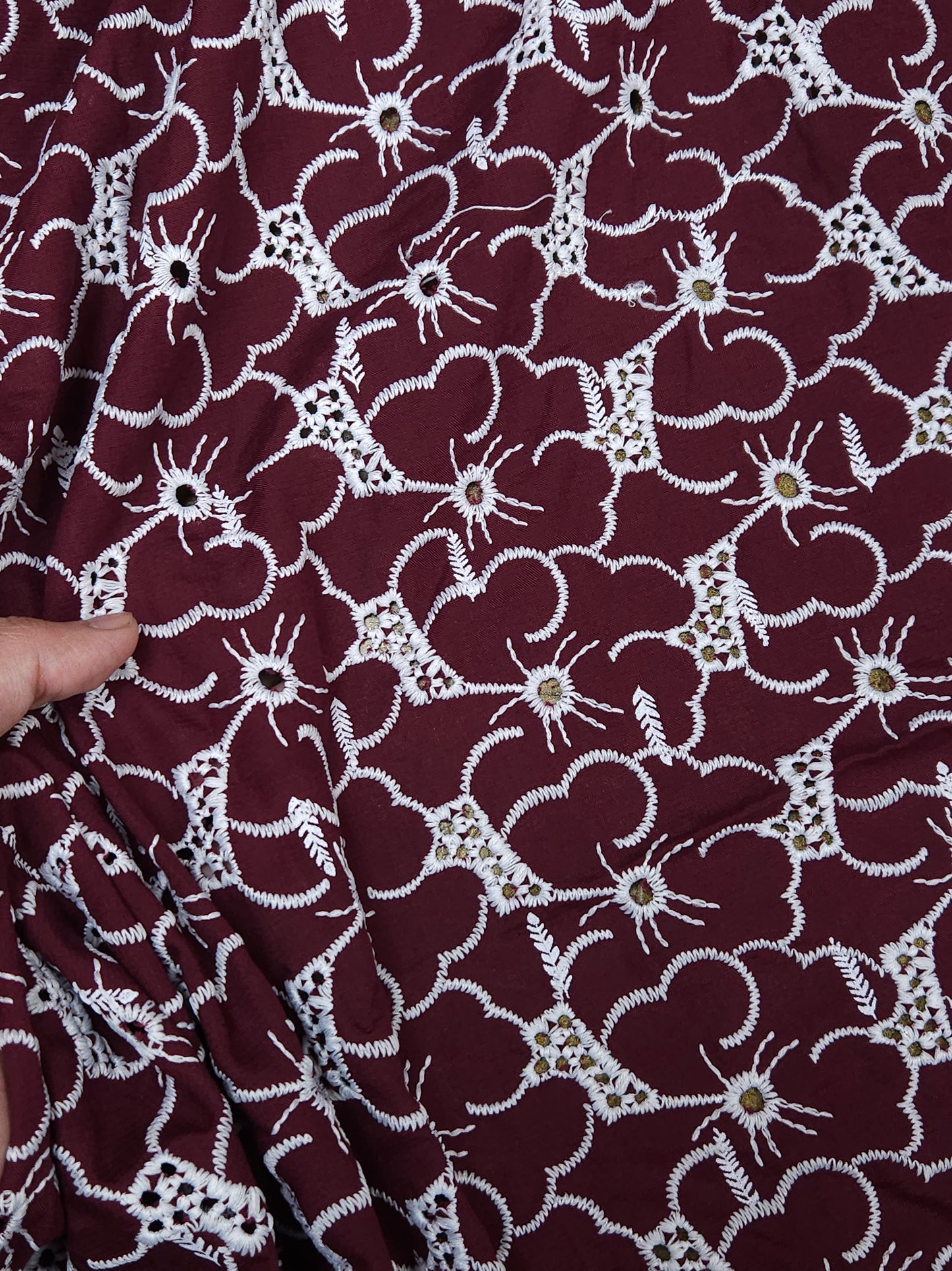 Premium Maroon Cotton Embroidered Schiffli Fabric