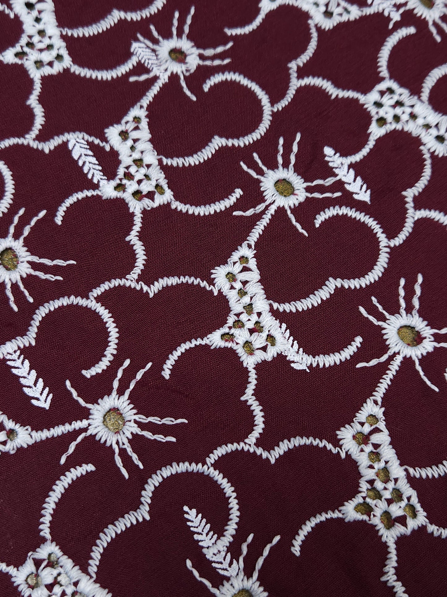Premium Maroon Cotton Embroidered Schiffli Fabric