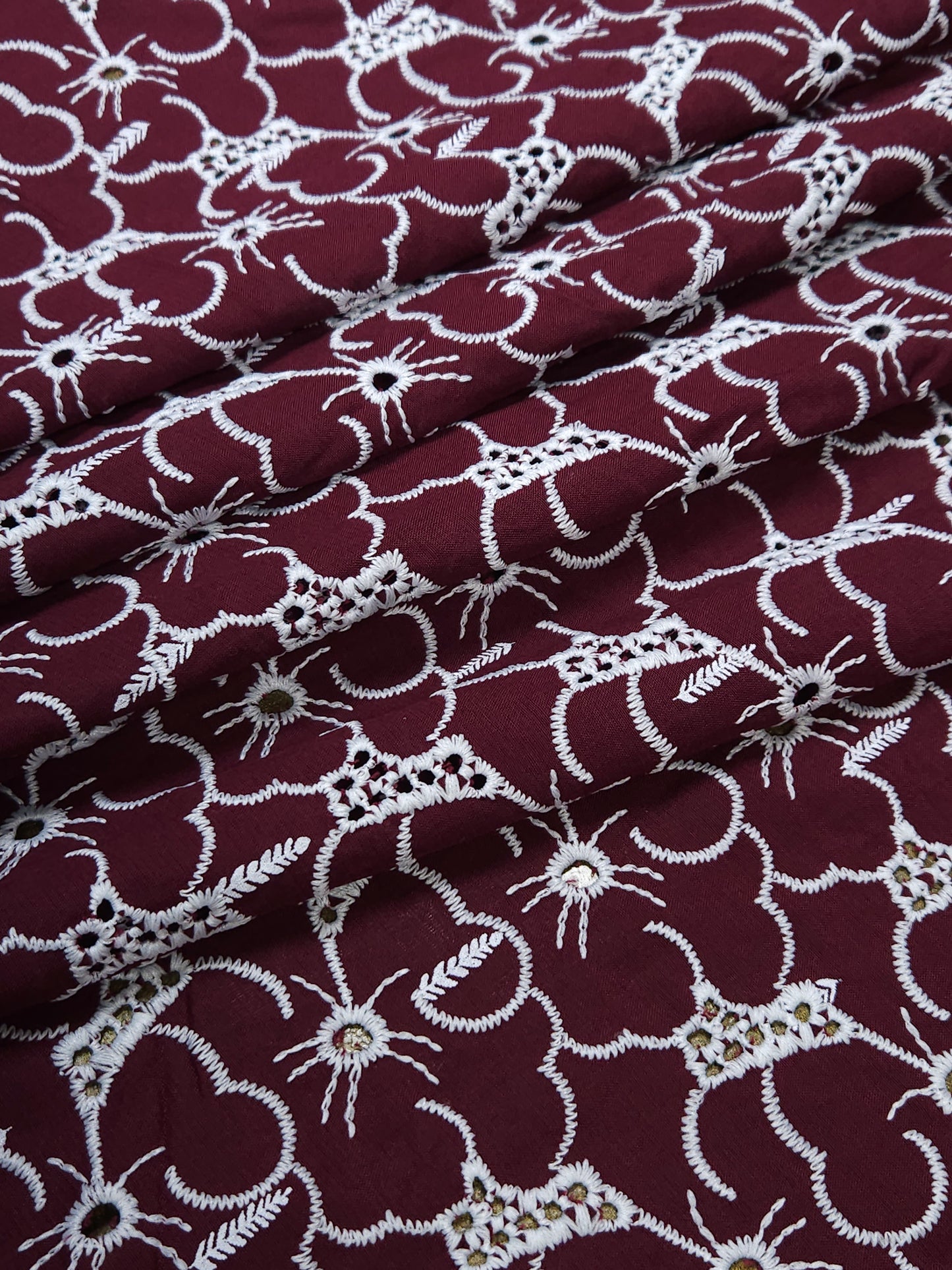 Premium Maroon Cotton Embroidered Schiffli Fabric