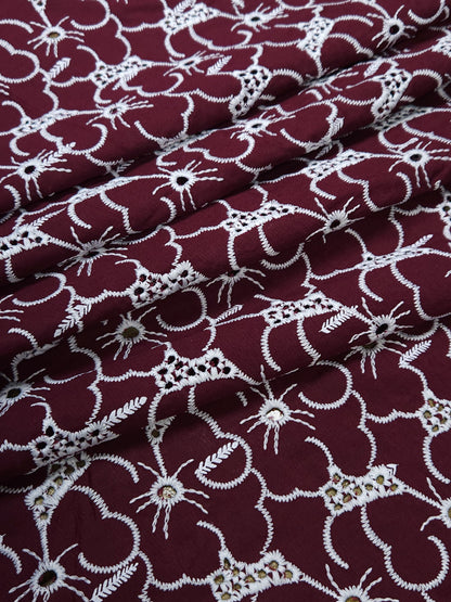Premium Maroon Cotton Embroidered Schiffli Fabric