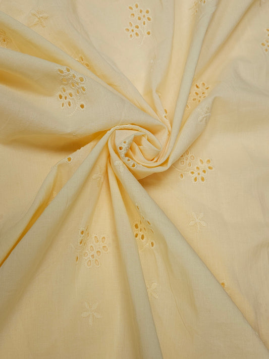 Luxury Pastel Yellow Cotton Schiffli Embroidered Fabric