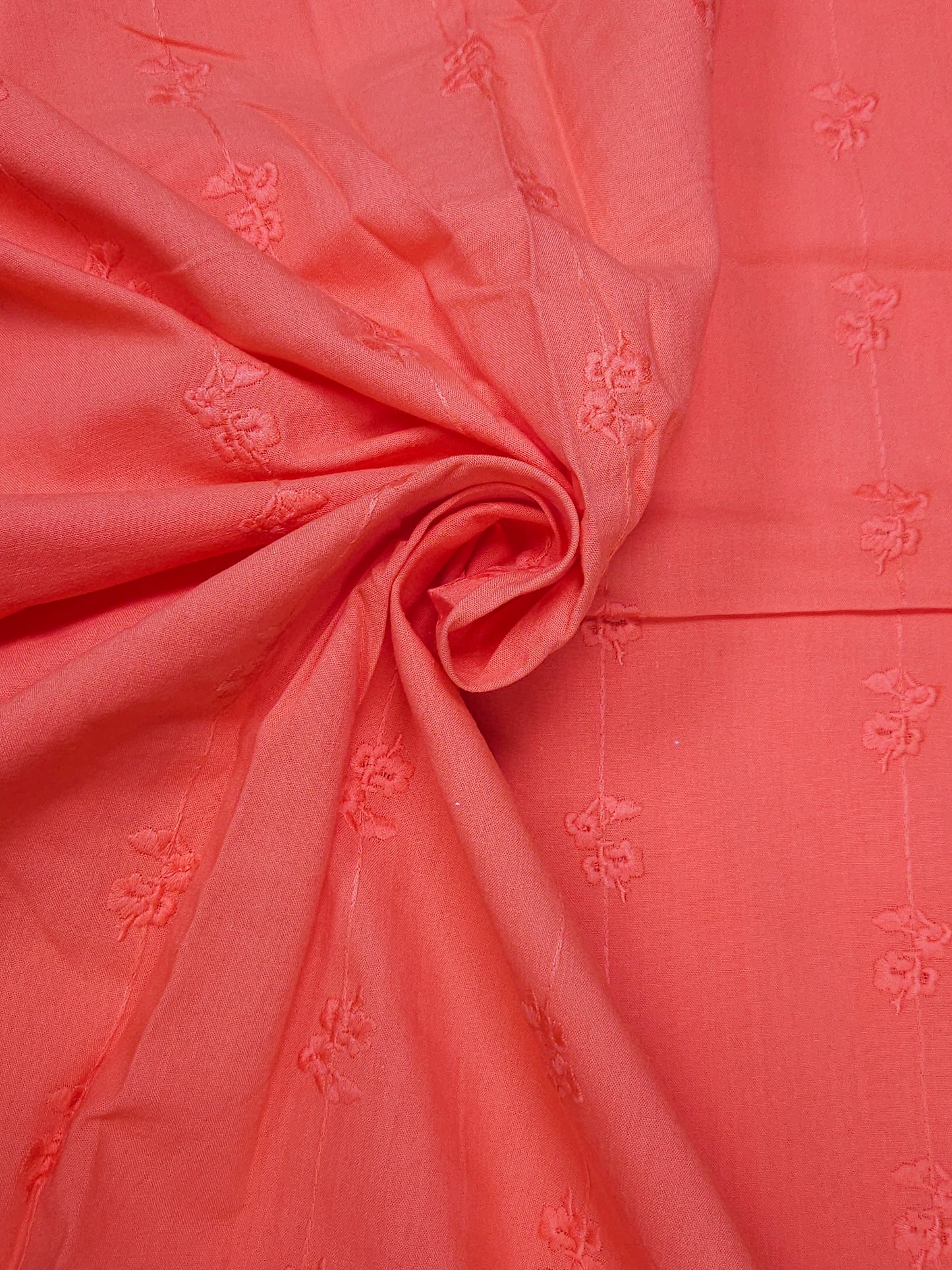 Premium Coral Orange Cotton Embroidered Fabric