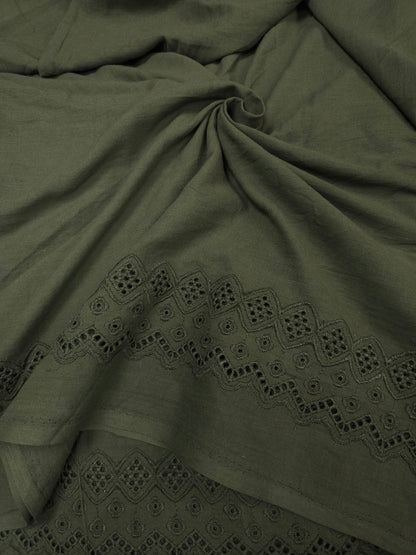 Premium Olive Green Cotton Border Chikankari Schiffli Fabric
