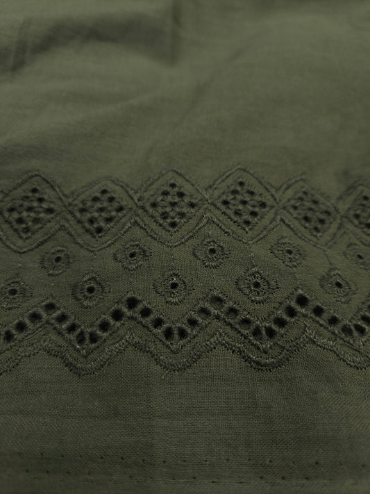 Premium Olive Green Cotton Border Chikankari Schiffli Fabric