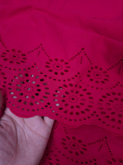 Premium Rani Pink Cotton Border Chikankari Schiffli Fabric