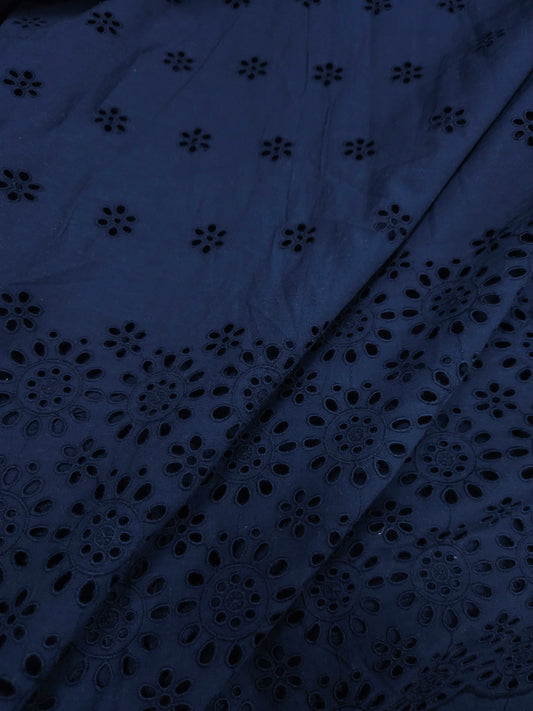 Premium Navy Blue Cotton Border Chikankari Schiffli Fabric
