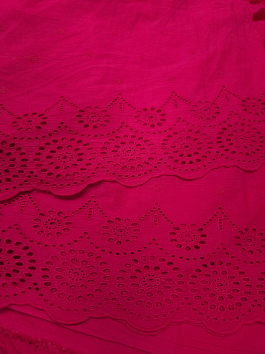 Premium Rani Pink Cotton Border Chikankari Schiffli Fabric