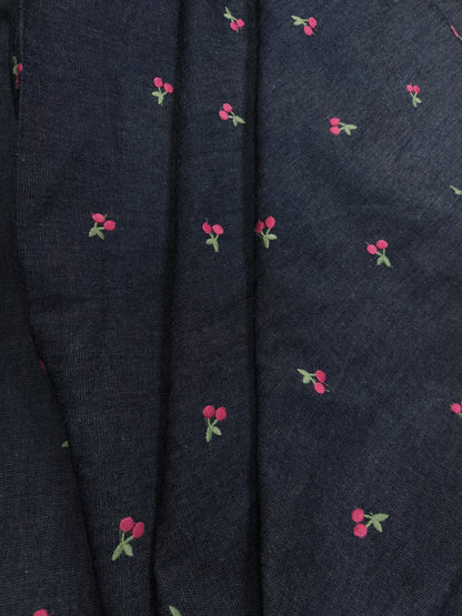 Navy Blue Cotton Denim Fabric with Cherry Embroidery