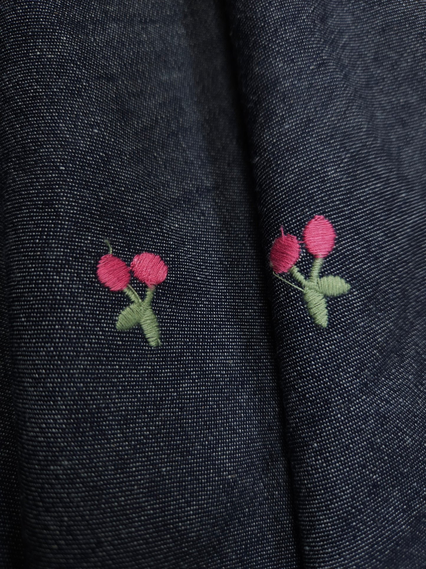Navy Blue Cotton Denim Fabric with Cherry Embroidery