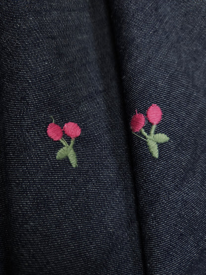 Navy Blue Cotton Denim Fabric with Cherry Embroidery