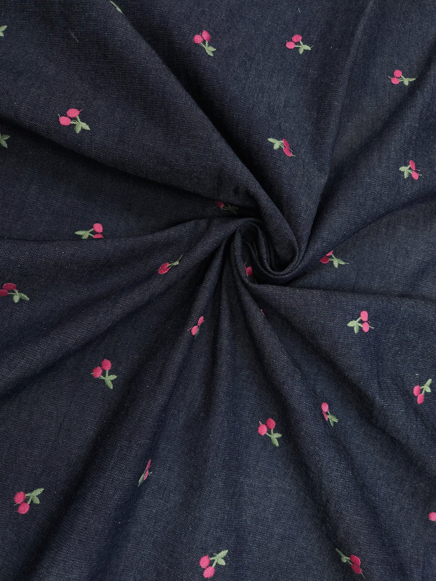 Navy Blue Cotton Denim Fabric with Cherry Embroidery