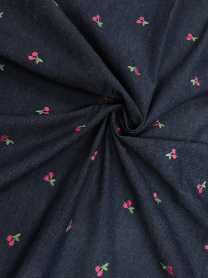 Navy Blue Cotton Denim Fabric with Cherry Embroidery