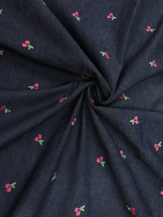 Navy Blue Cotton Denim Fabric with Cherry Embroidery