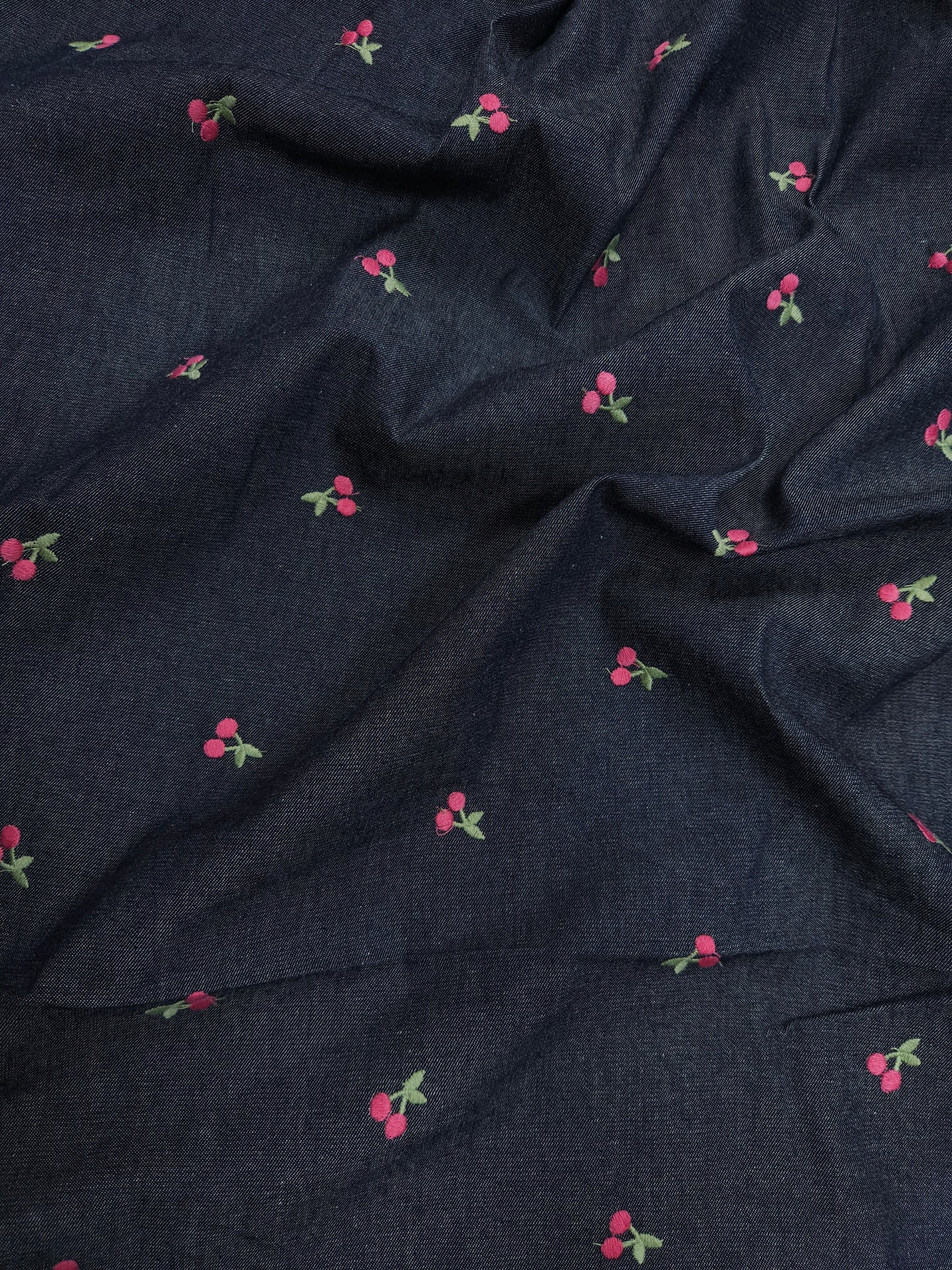 Navy Blue Cotton Denim Fabric with Cherry Embroidery
