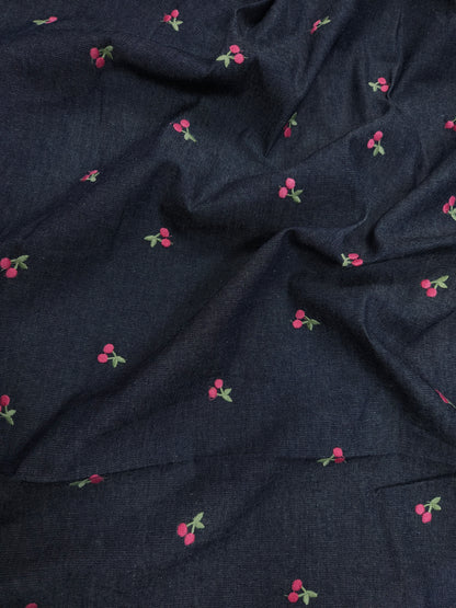 Navy Blue Cotton Denim Fabric with Cherry Embroidery