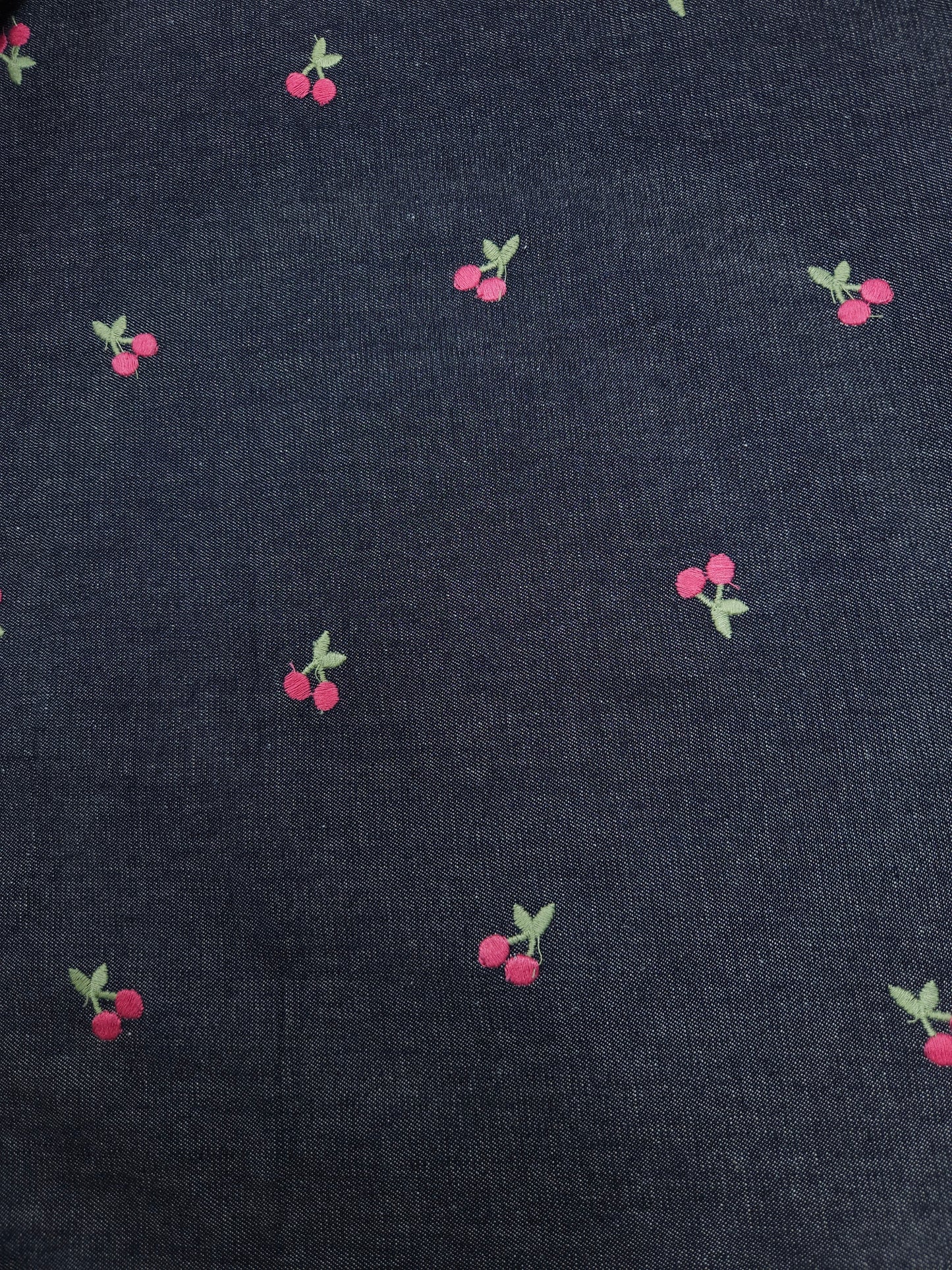 Navy Blue Cotton Denim Fabric with Cherry Embroidery