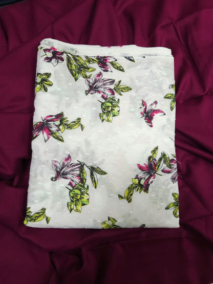 White Bloom Cotton Printed Suit Set with Magenta Bottom
