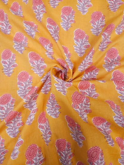 Sunshine Yellow Floral Cotton Suit Set with Pink Bottom