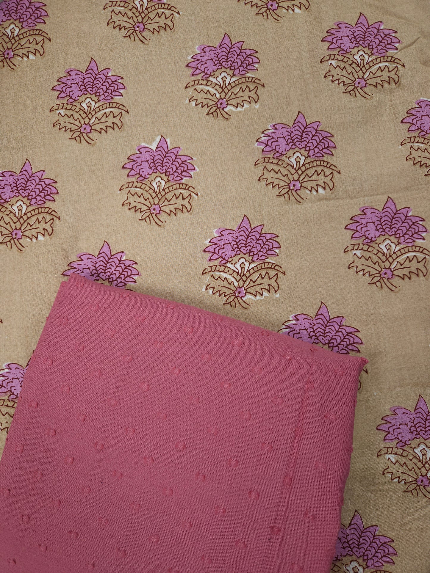 Beige Floral Printed Cotton Suit Set with Pink Bottom