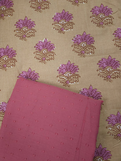 Beige Floral Printed Cotton Suit Set with Pink Bottom