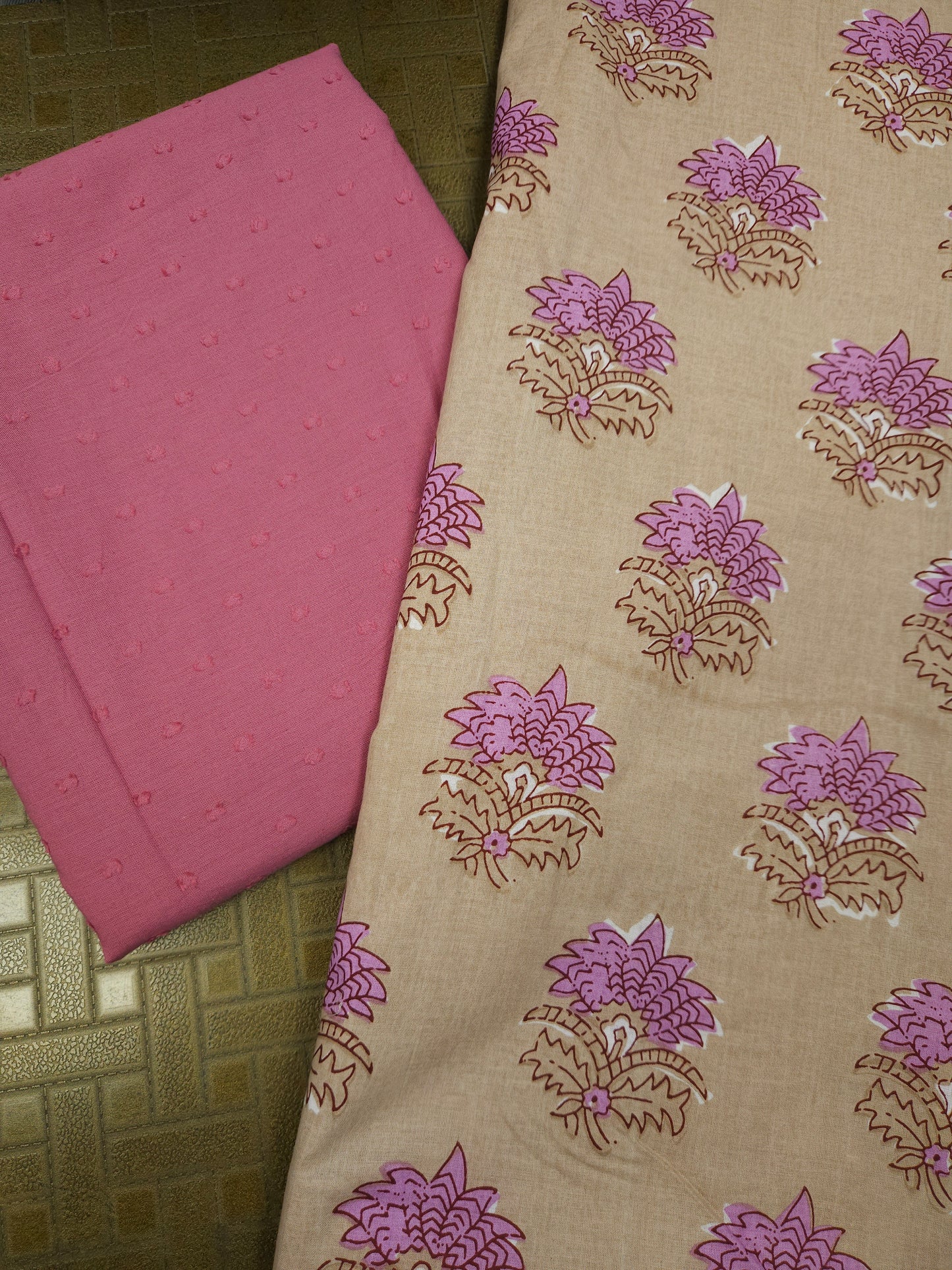 Beige Floral Printed Cotton Suit Set with Pink Bottom