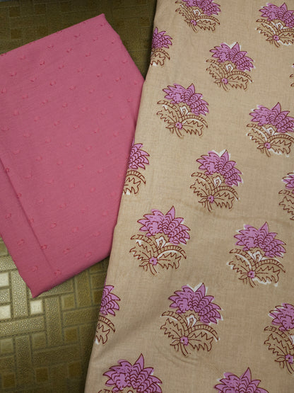 Beige Floral Printed Cotton Suit Set with Pink Bottom