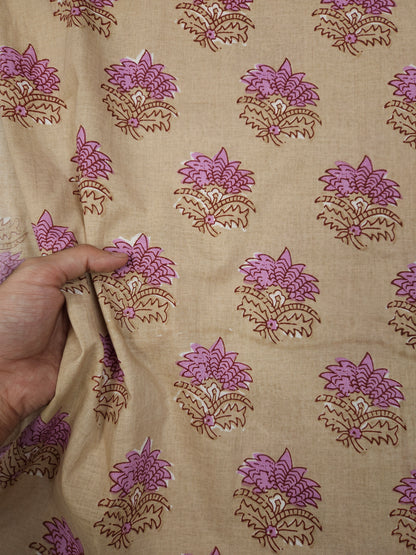 Beige Floral Printed Cotton Suit Set with Pink Bottom