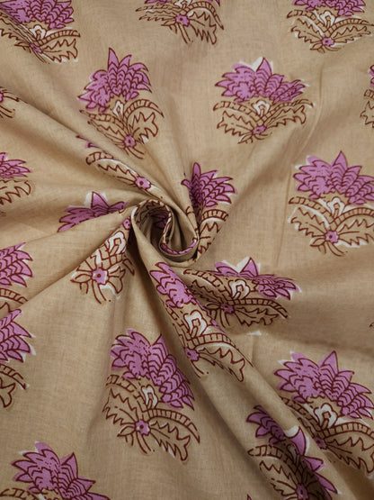 Beige Floral Printed Cotton Suit Set with Pink Bottom