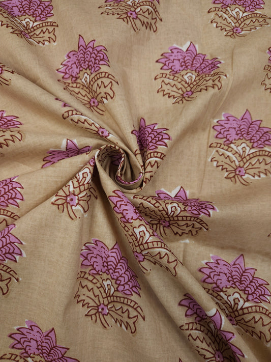 Beige Floral Printed Cotton Suit Set with Pink Bottom