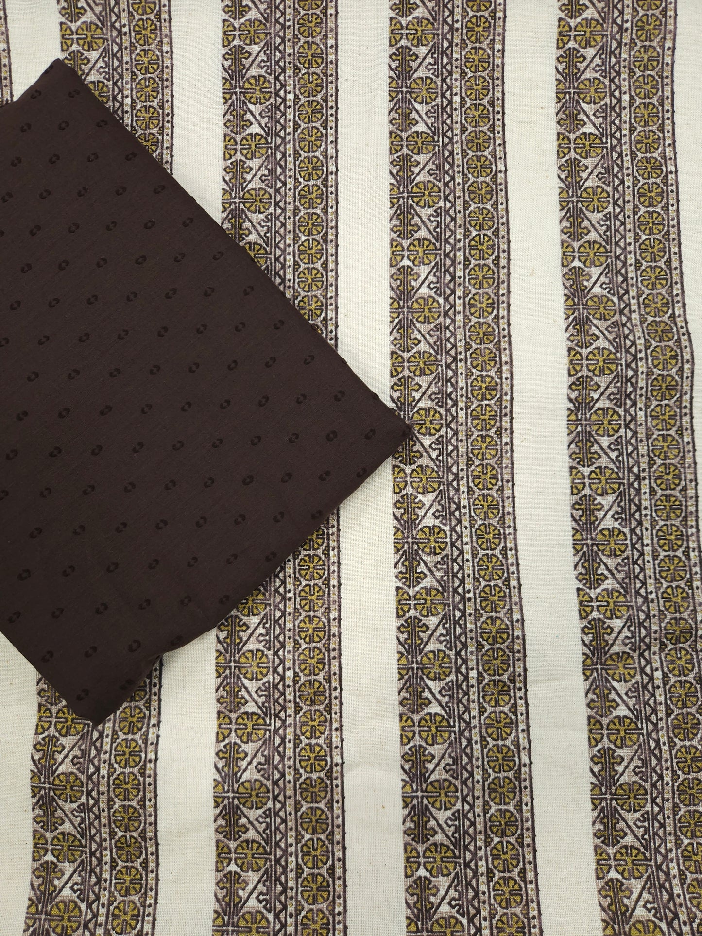 Ajrakh Border Print Cotton Suit Set with Brown Bottom
