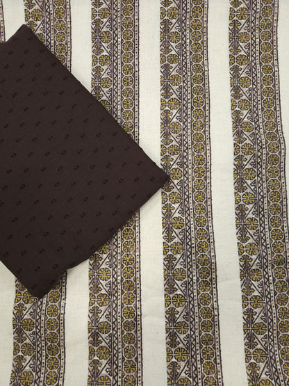 Ajrakh Border Print Cotton Suit Set with Brown Bottom