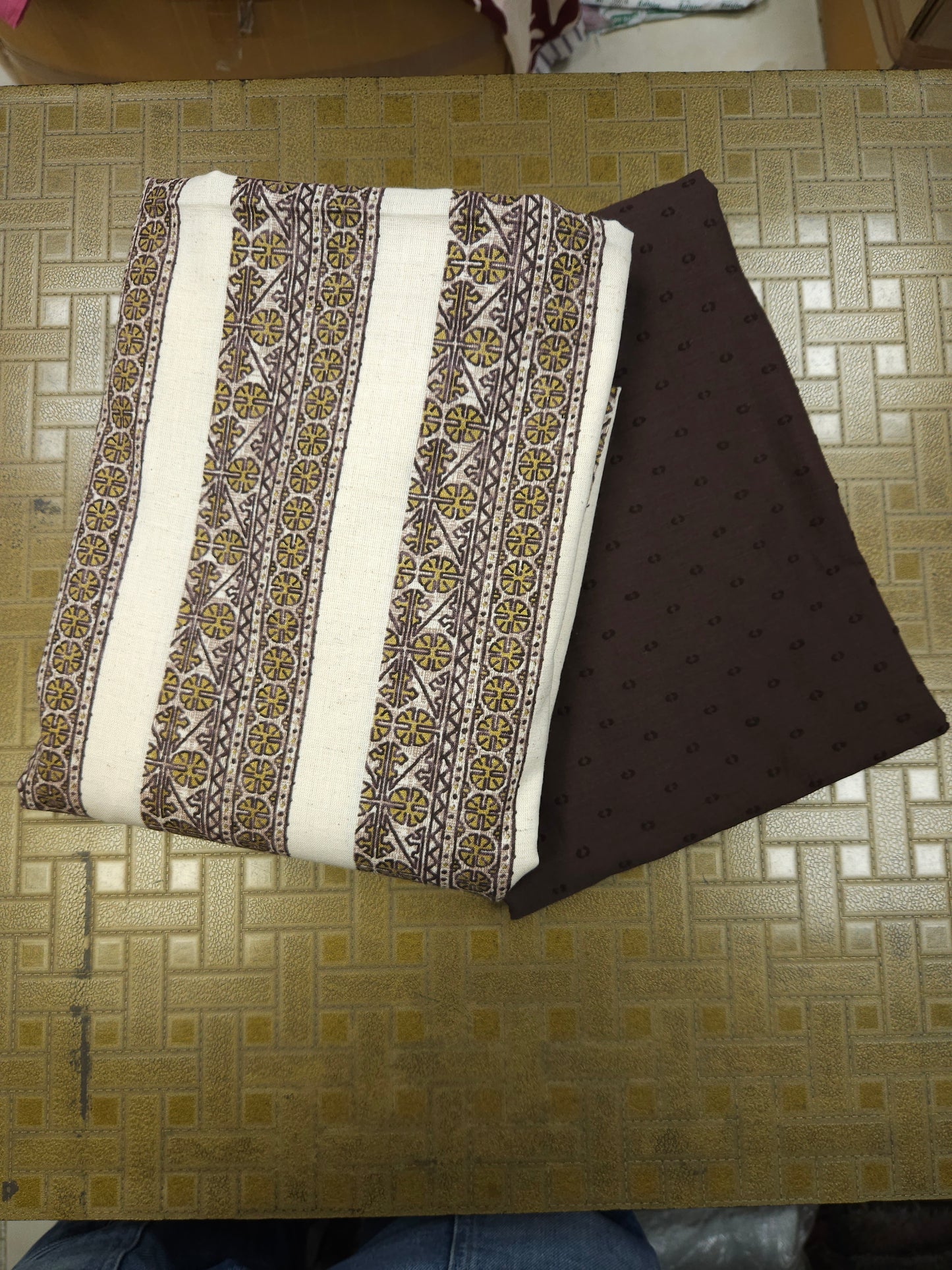 Ajrakh Border Print Cotton Suit Set with Brown Bottom