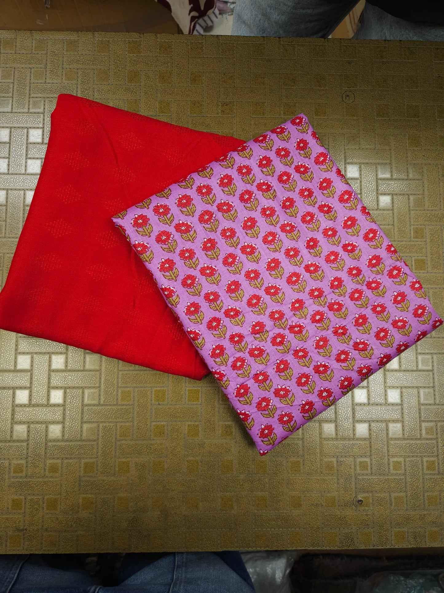 Rose Printed Cotton Suit Set with Red Bottom