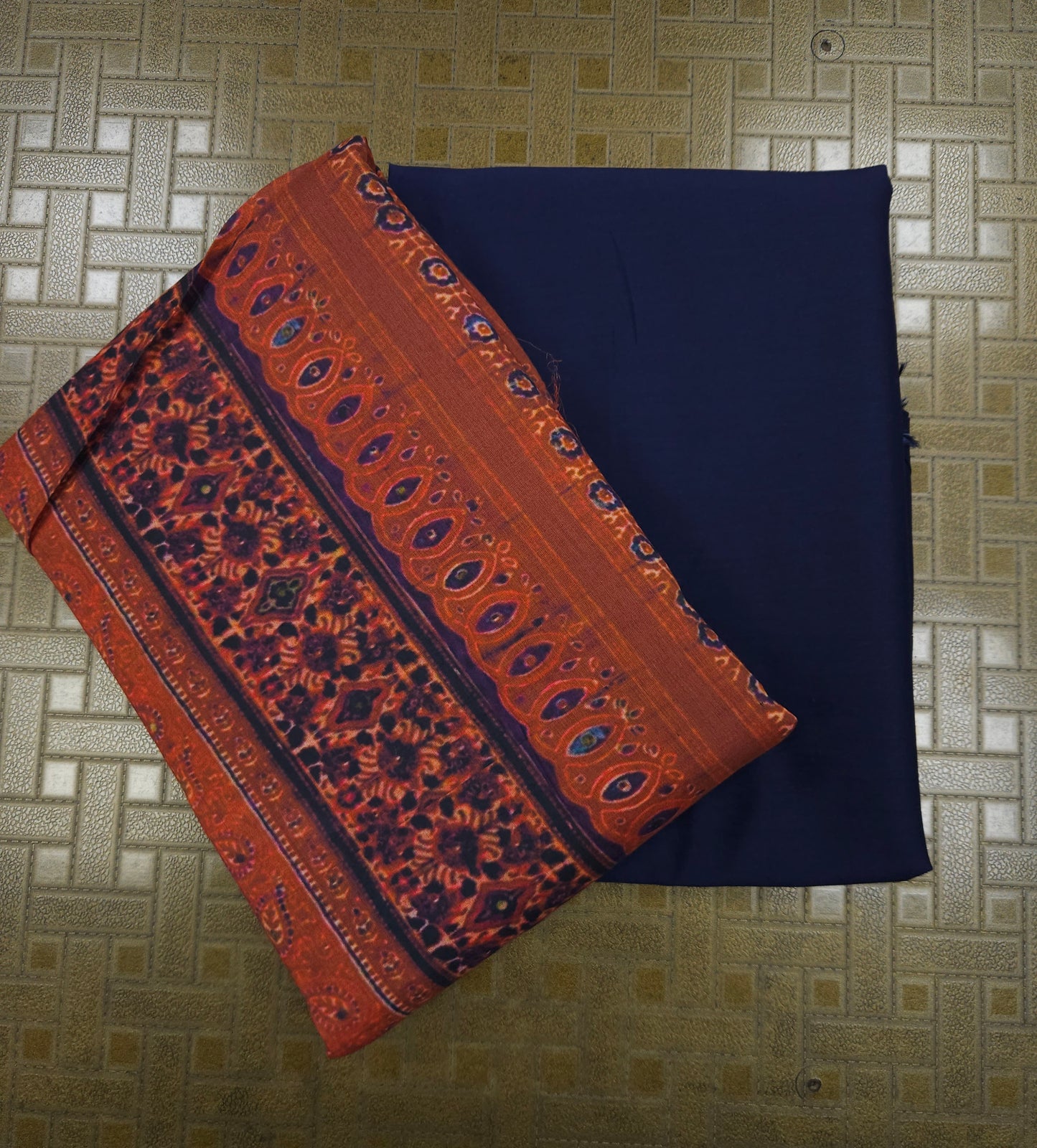 Midnight Ajrakh Royale Cotton Suit Set with Blue Bottom