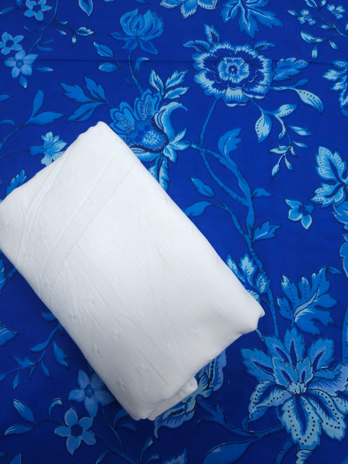 Blue Floral Cotton Suit Set with Off White Solid Bottom