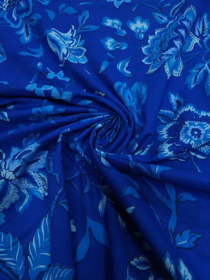 Blue Floral Cotton Suit Set with Off White Solid Bottom