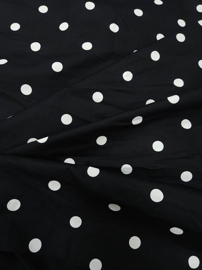 White Polka Dot on Black Poplin Fabric