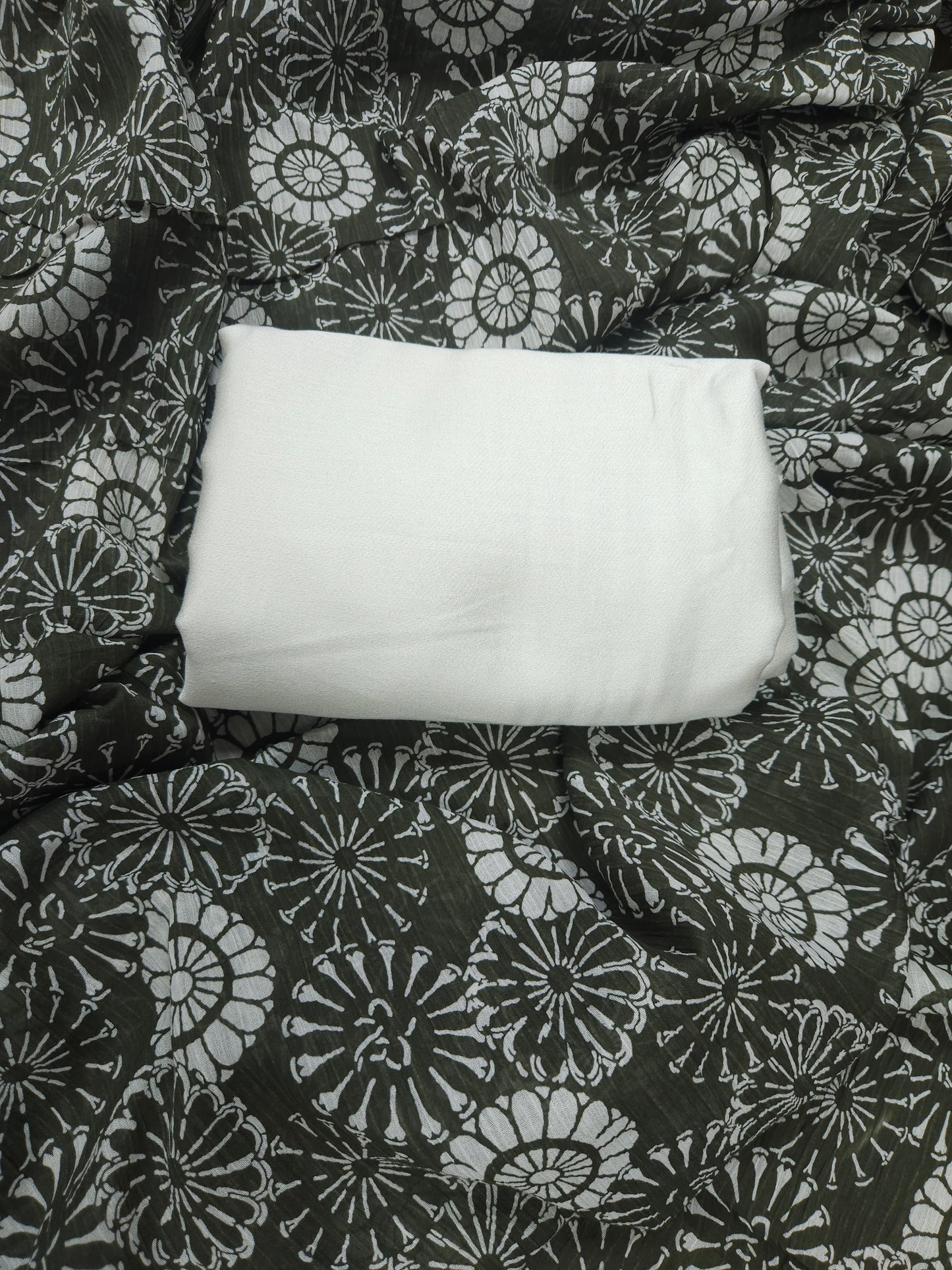 White Satin Modal Suit with Printed Mal Cotton Dupatta