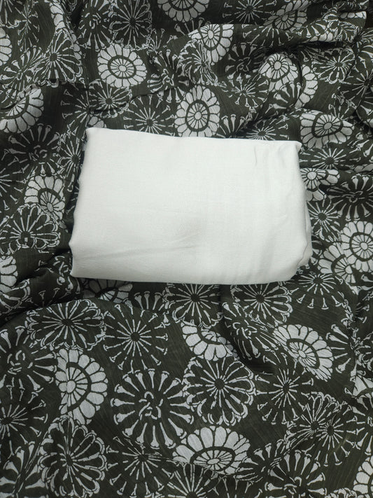 White Satin Modal Suit with Printed Mal Cotton Dupatta
