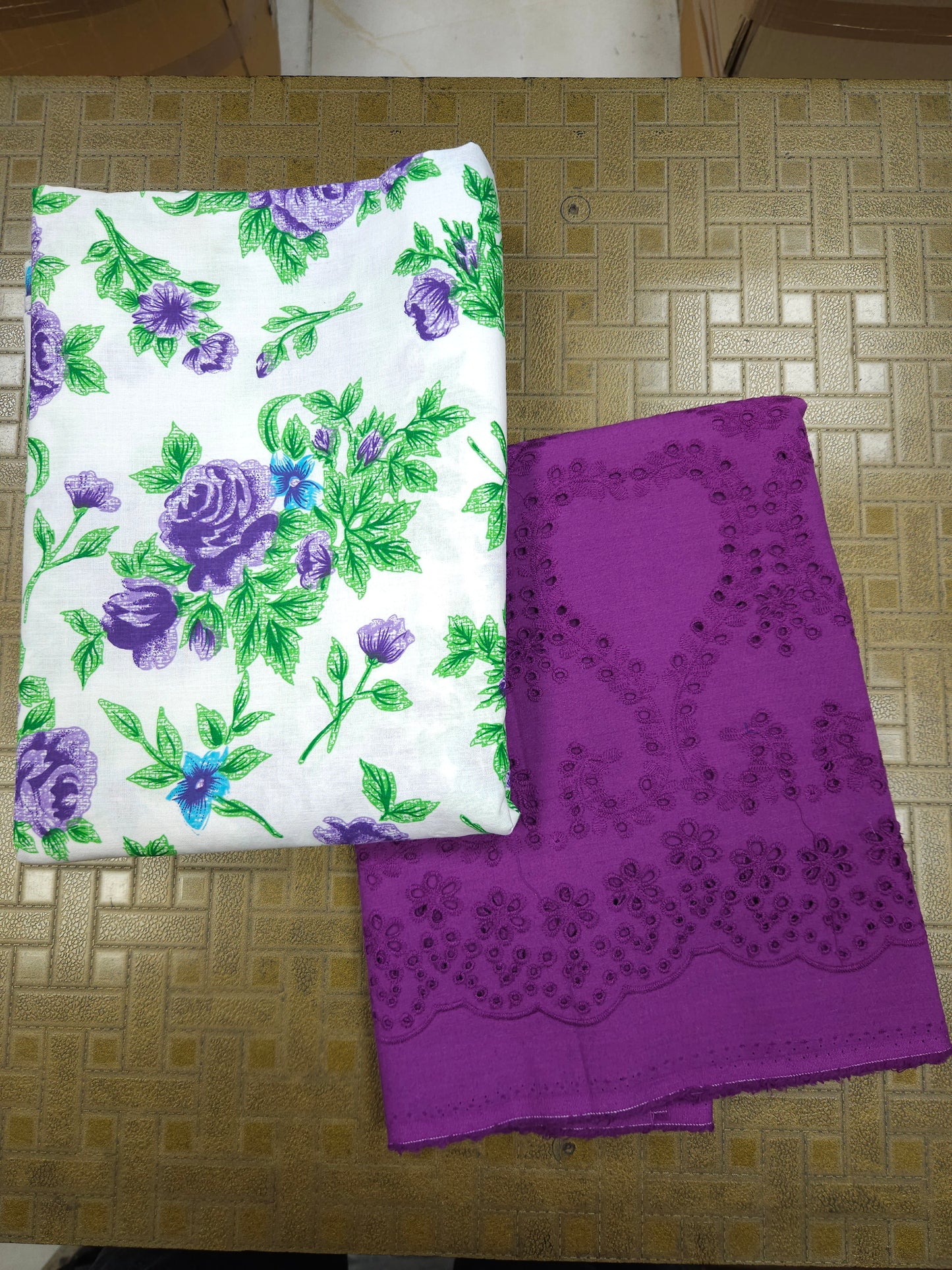 Lavender Floral 100% cotton Suit Set with Chikan bottom