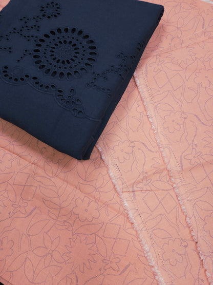 Peach Printed 100% cotton Suit Set with border Chikan bottom