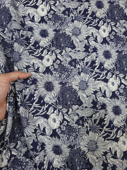 Blue Porcelain Floral Linen Blend Fabric