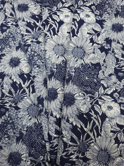 Blue Porcelain Floral Linen Blend Fabric