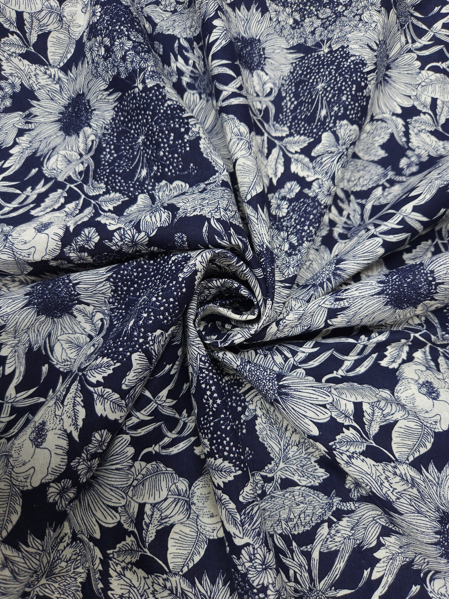 Blue Porcelain Floral Linen Blend Fabric