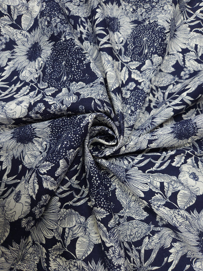 Blue Porcelain Floral Linen Blend Fabric