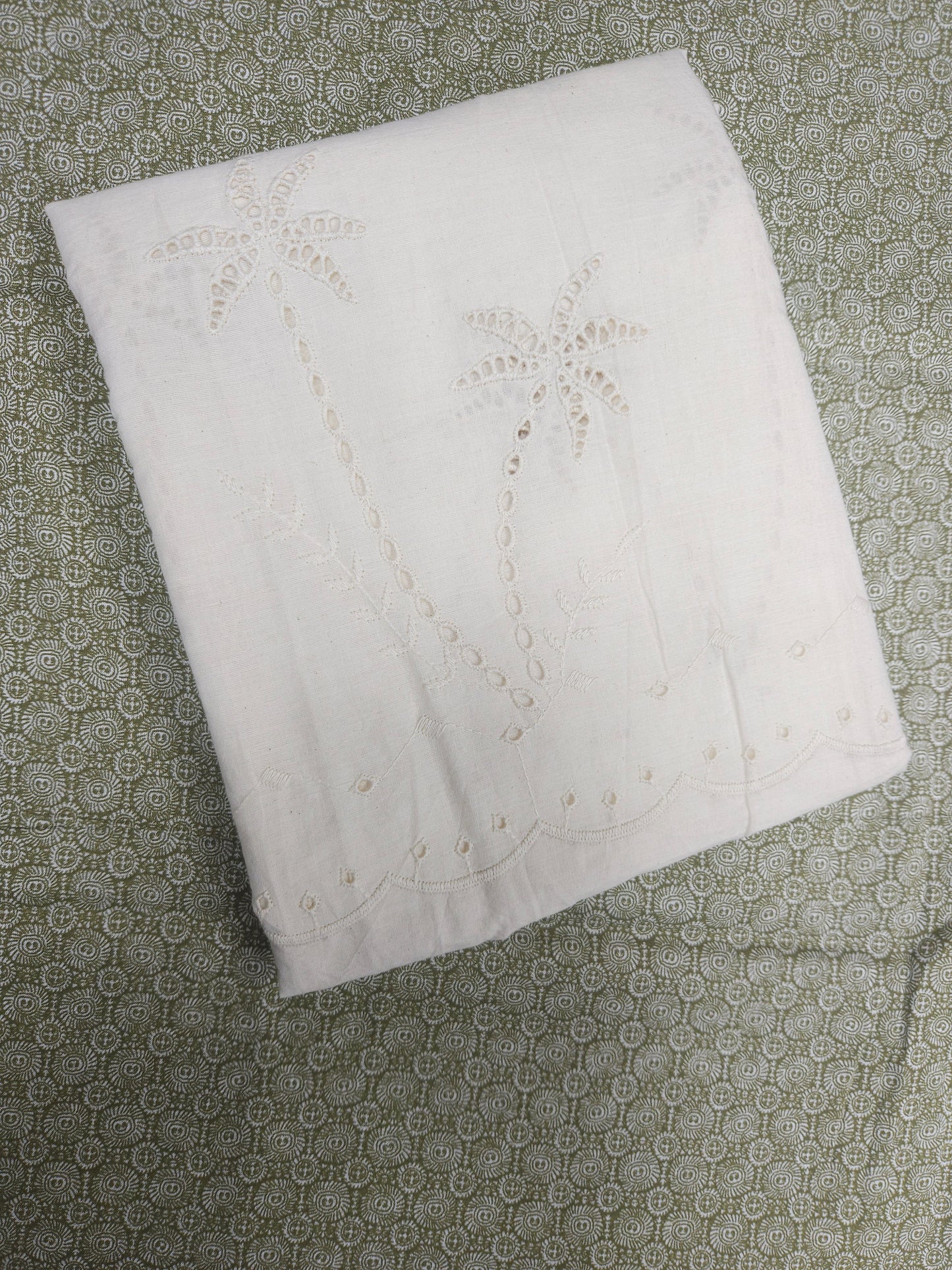 Designer Olive Cotton Dress Material with Embroidered Chicken Border Bottom